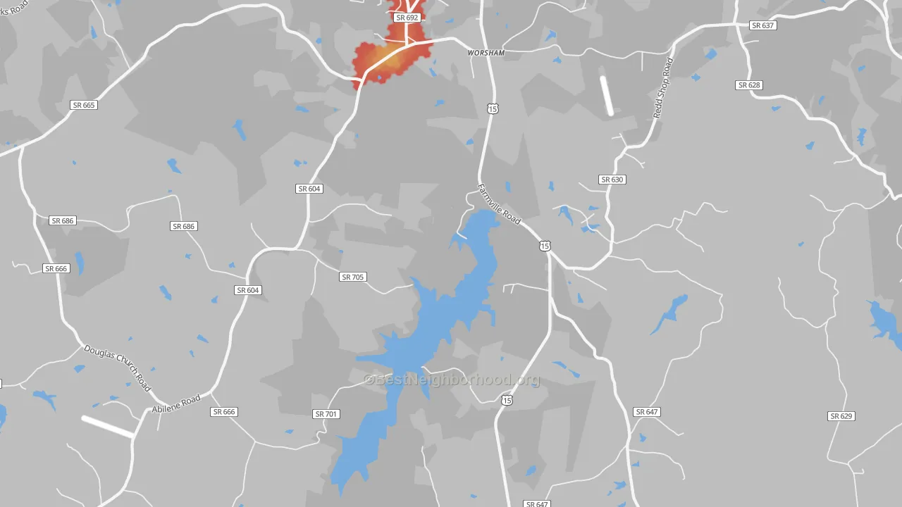 Walk Grade map of Worsham, VA, walkable areas in green and car-dependent areas in red