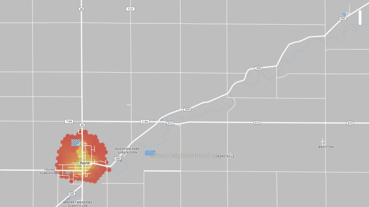 Walk Grade map of Worstville, OH, walkable areas in green and car-dependent areas in red