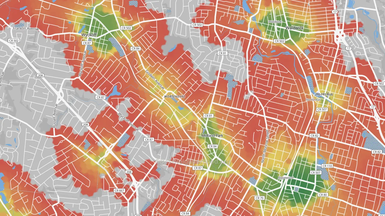 Walk Grade map of Wortendyke, Midland Park, NJ, walkable areas in green and car-dependent areas in red