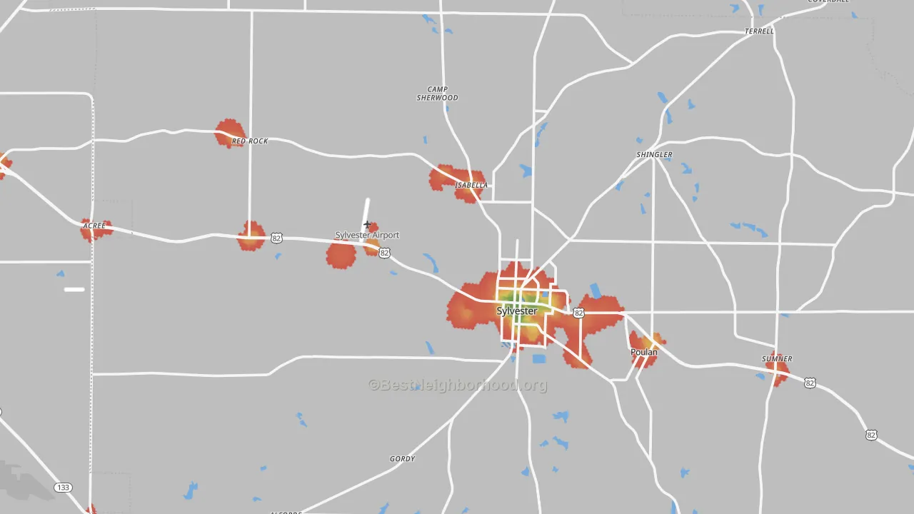 Walk Grade map of Worth County, GA, walkable areas in green and car-dependent areas in red