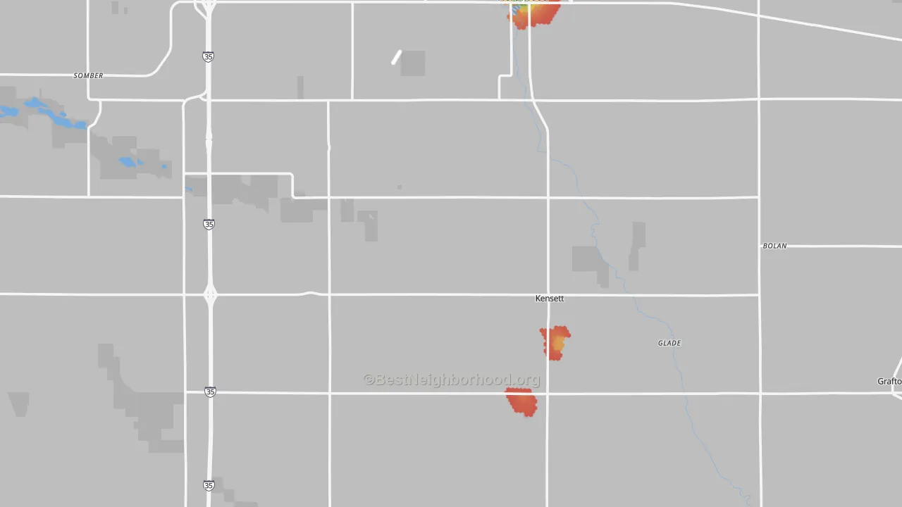 Walk Grade map of Worth County, IA, walkable areas in green and car-dependent areas in red