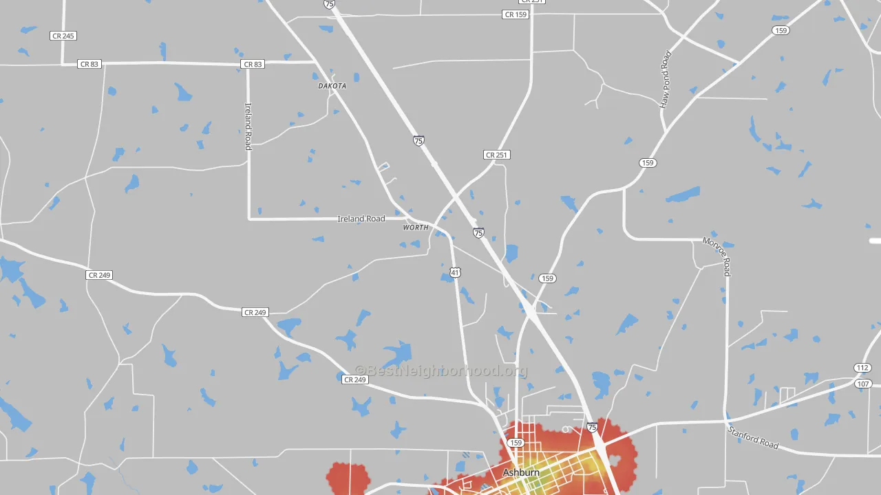 Walk Grade map of Worth, GA, walkable areas in green and car-dependent areas in red