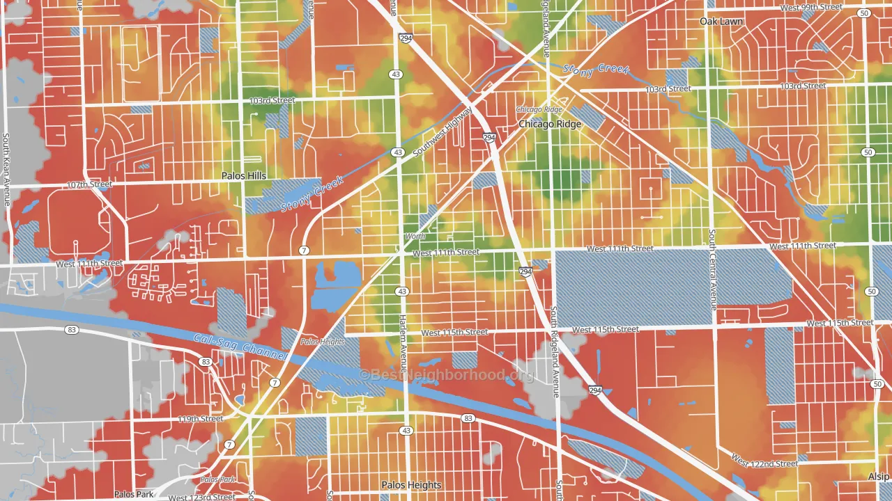 Walk Grade map of Worth, IL, walkable areas in green and car-dependent areas in red