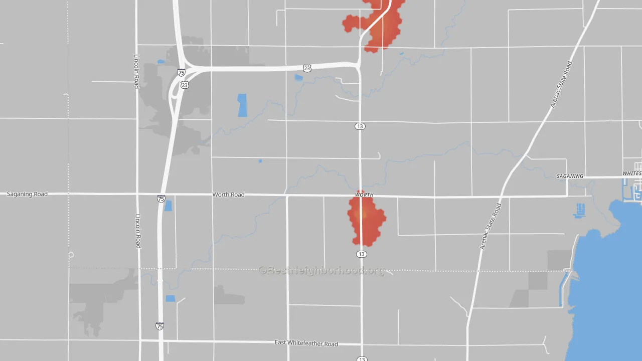 Walk Grade map of Worth, MI, walkable areas in green and car-dependent areas in red