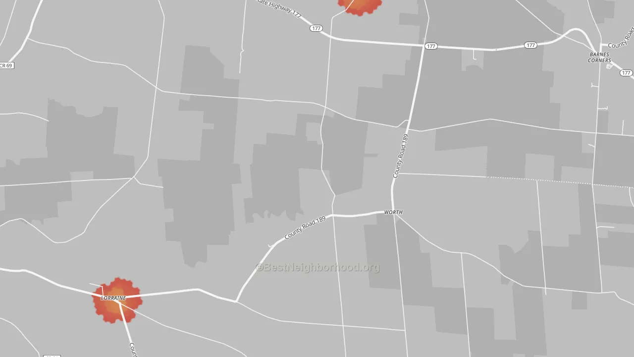 Walk Grade map of Worth, NY, walkable areas in green and car-dependent areas in red