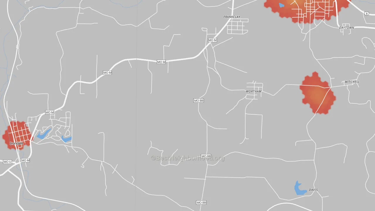 Walk Grade map of Wortham, MO, walkable areas in green and car-dependent areas in red