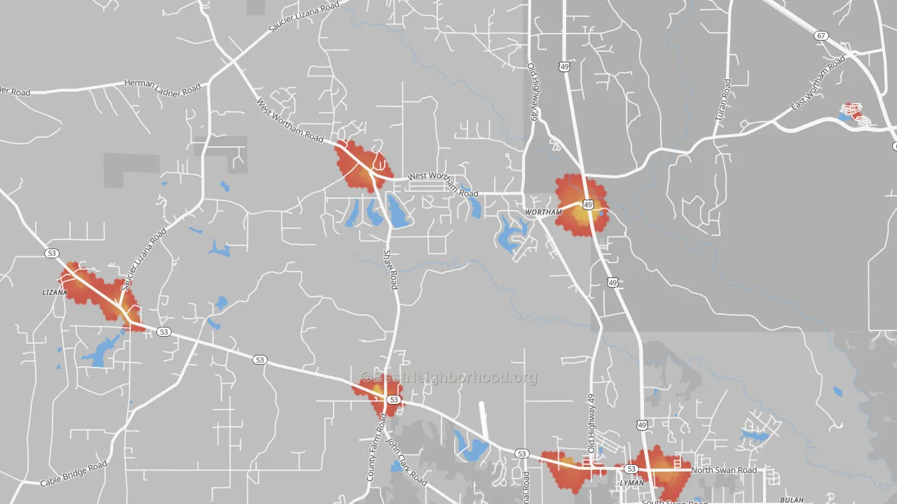 Walk Grade map of Wortham, MS, walkable areas in green and car-dependent areas in red