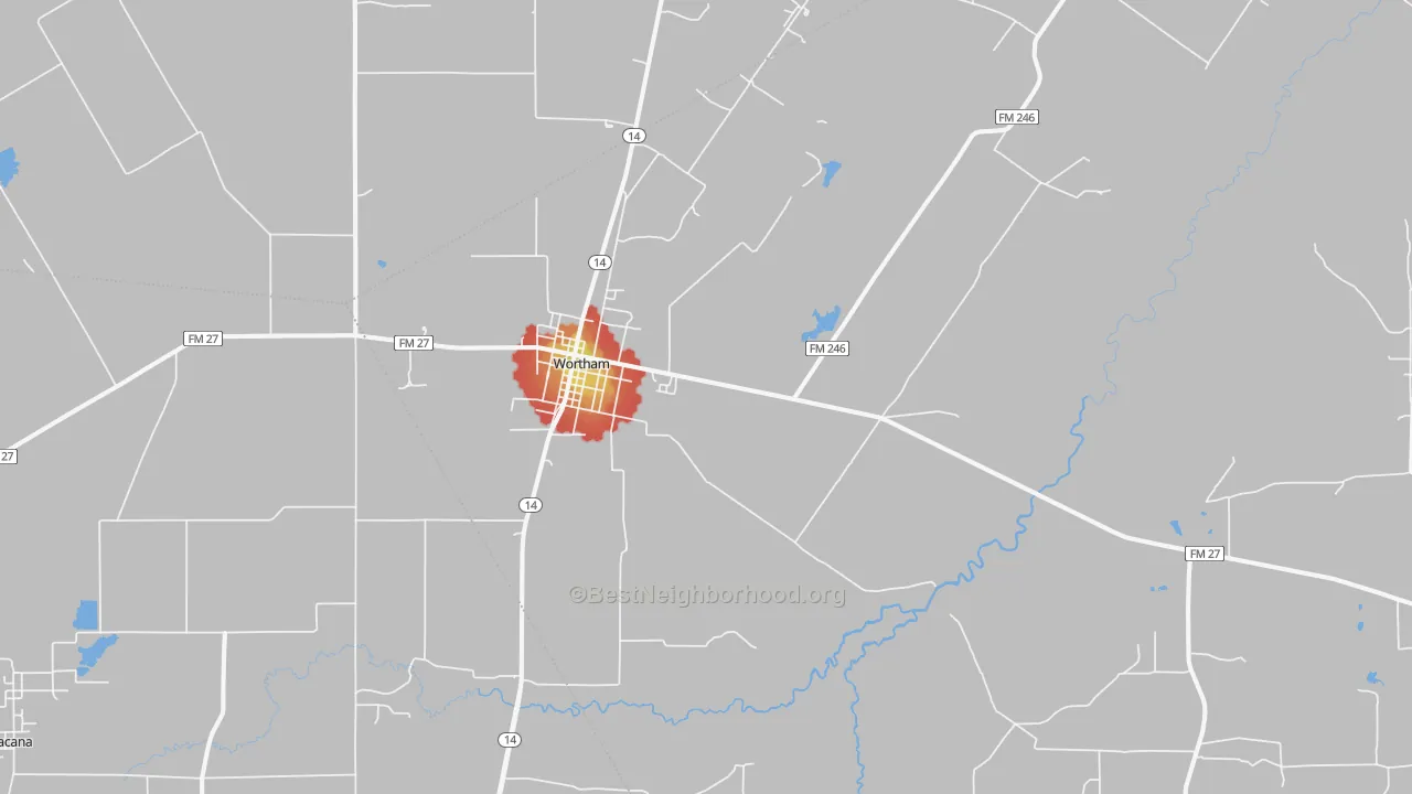 Walk Grade map of Wortham, TX, walkable areas in green and car-dependent areas in red