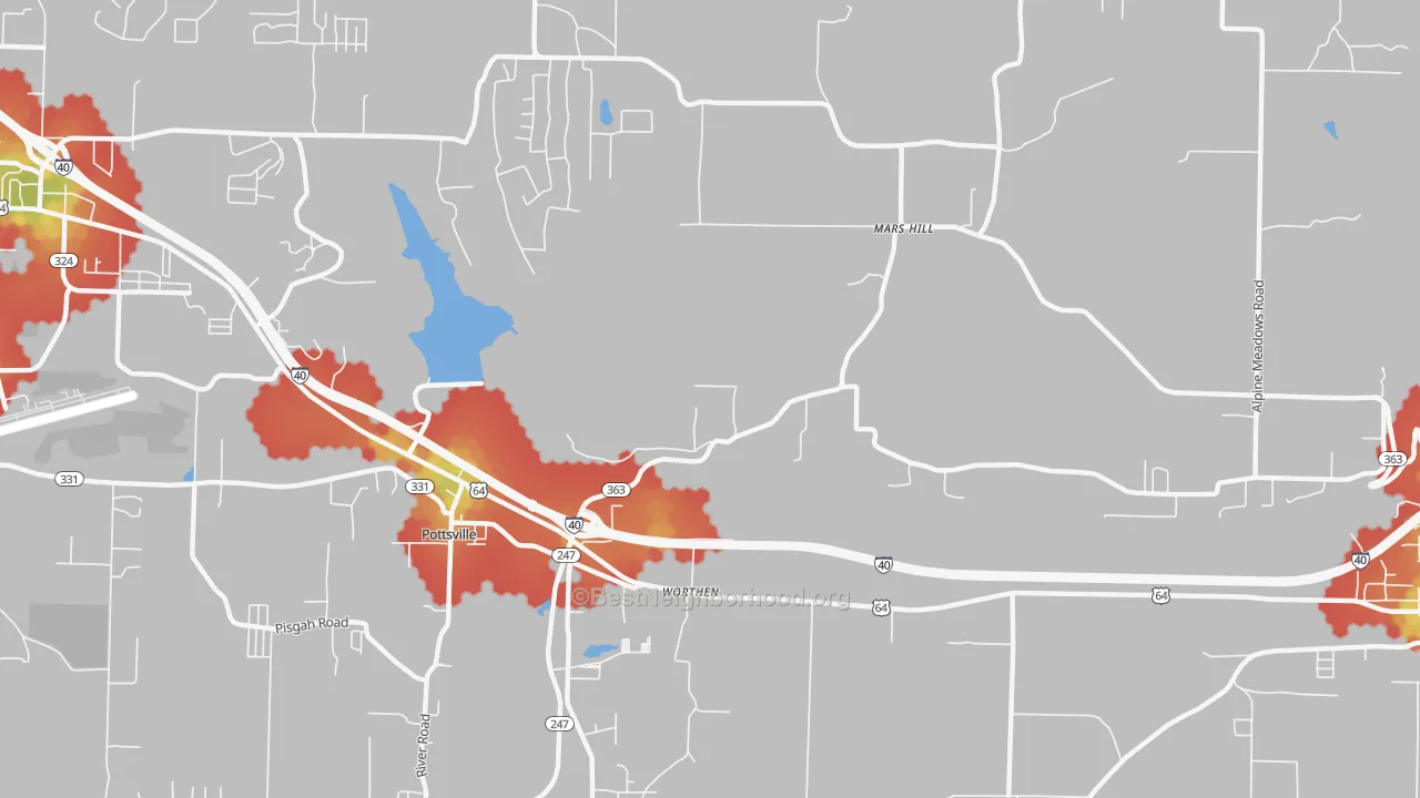 Walk Grade map of Worthen, AR, walkable areas in green and car-dependent areas in red