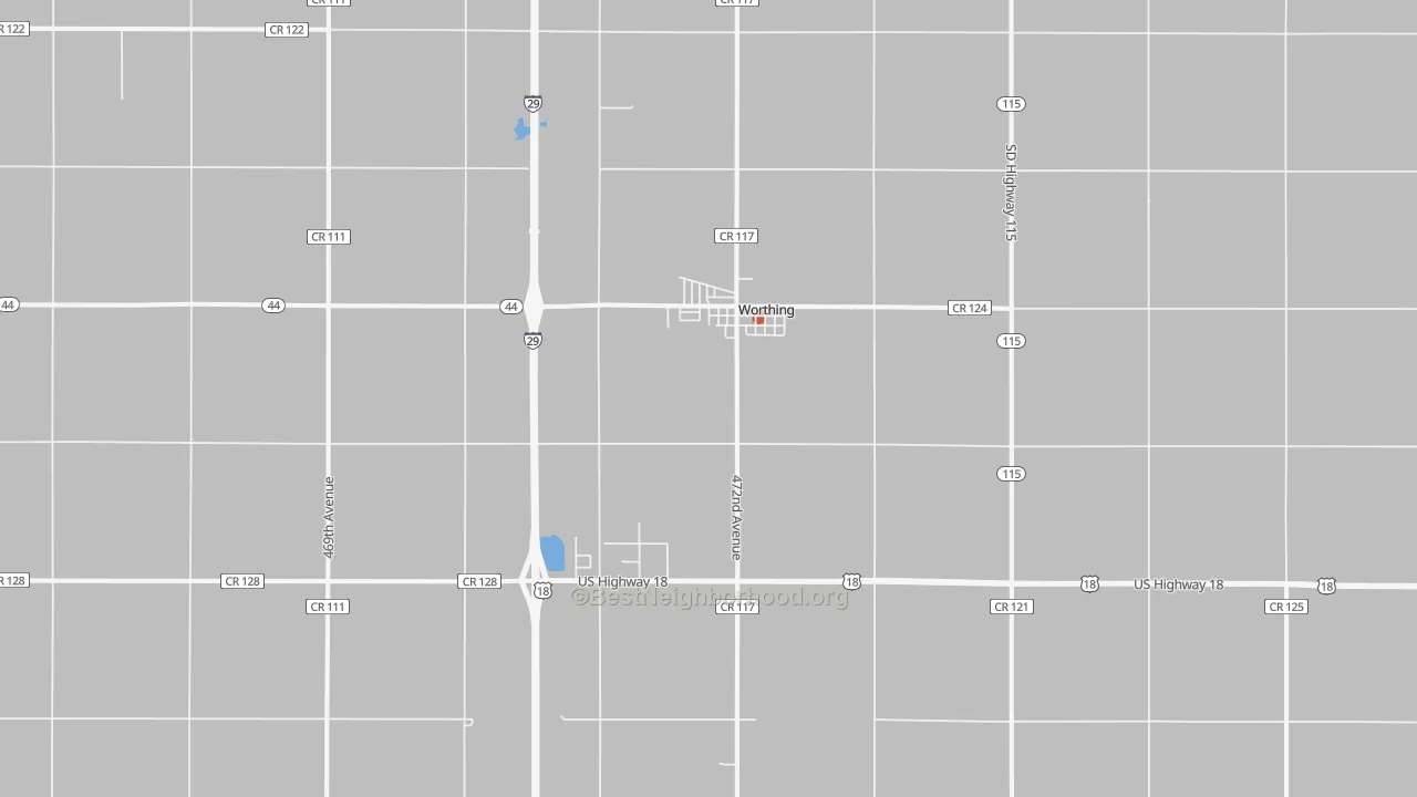Walk Grade map of Worthing, SD, walkable areas in green and car-dependent areas in red