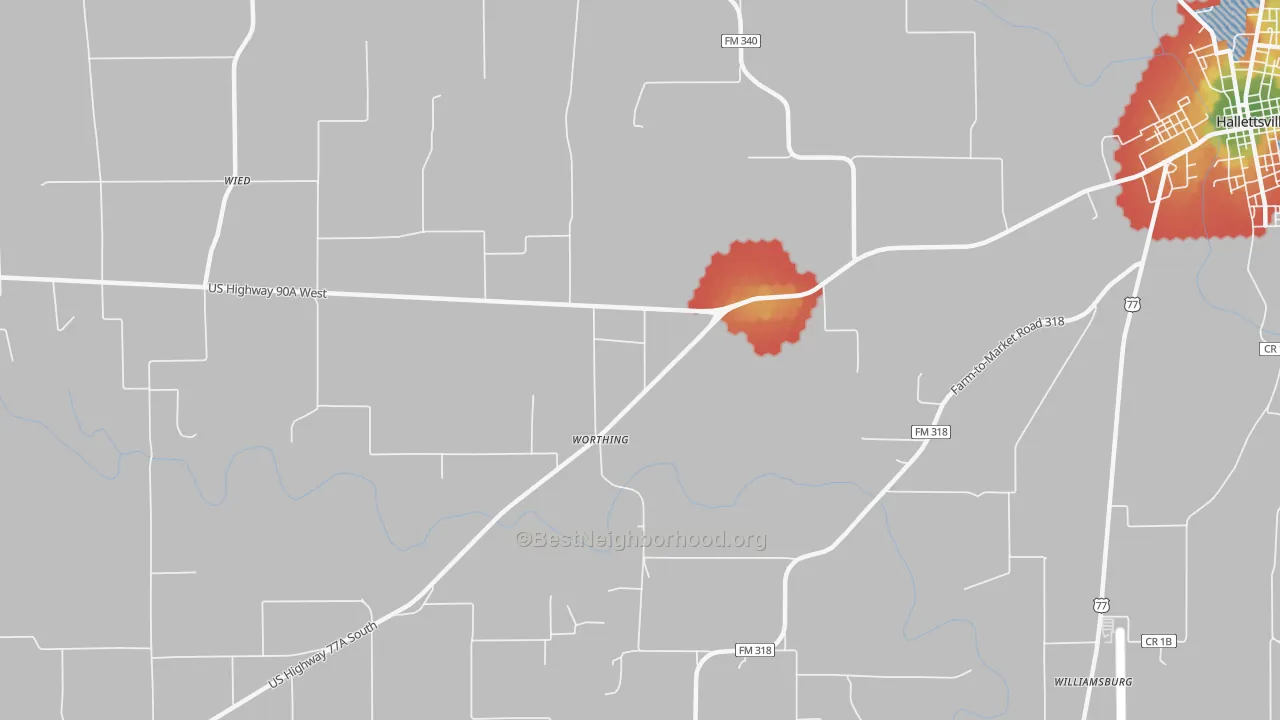 Walk Grade map of Worthing, TX, walkable areas in green and car-dependent areas in red