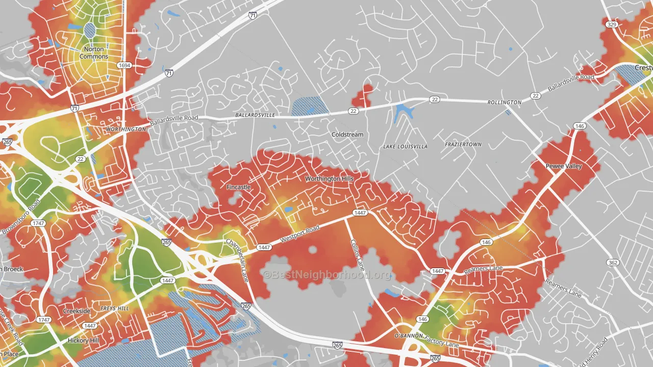 Walk Grade map of Worthington Hills, KY, walkable areas in green and car-dependent areas in red