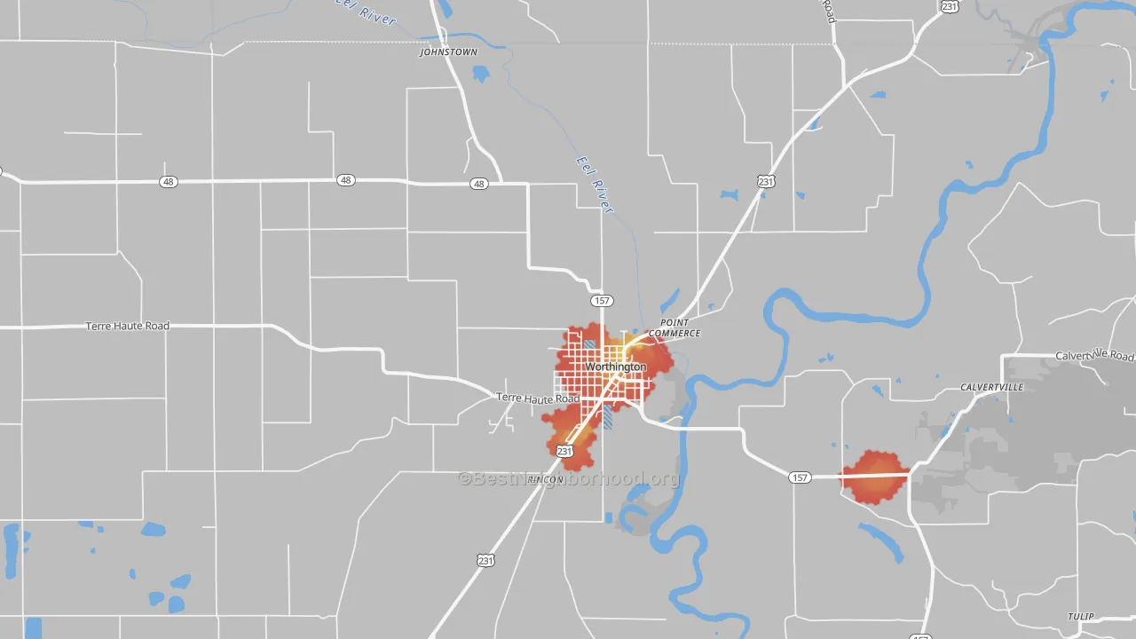 Walk Grade map of Worthington, IN, walkable areas in green and car-dependent areas in red