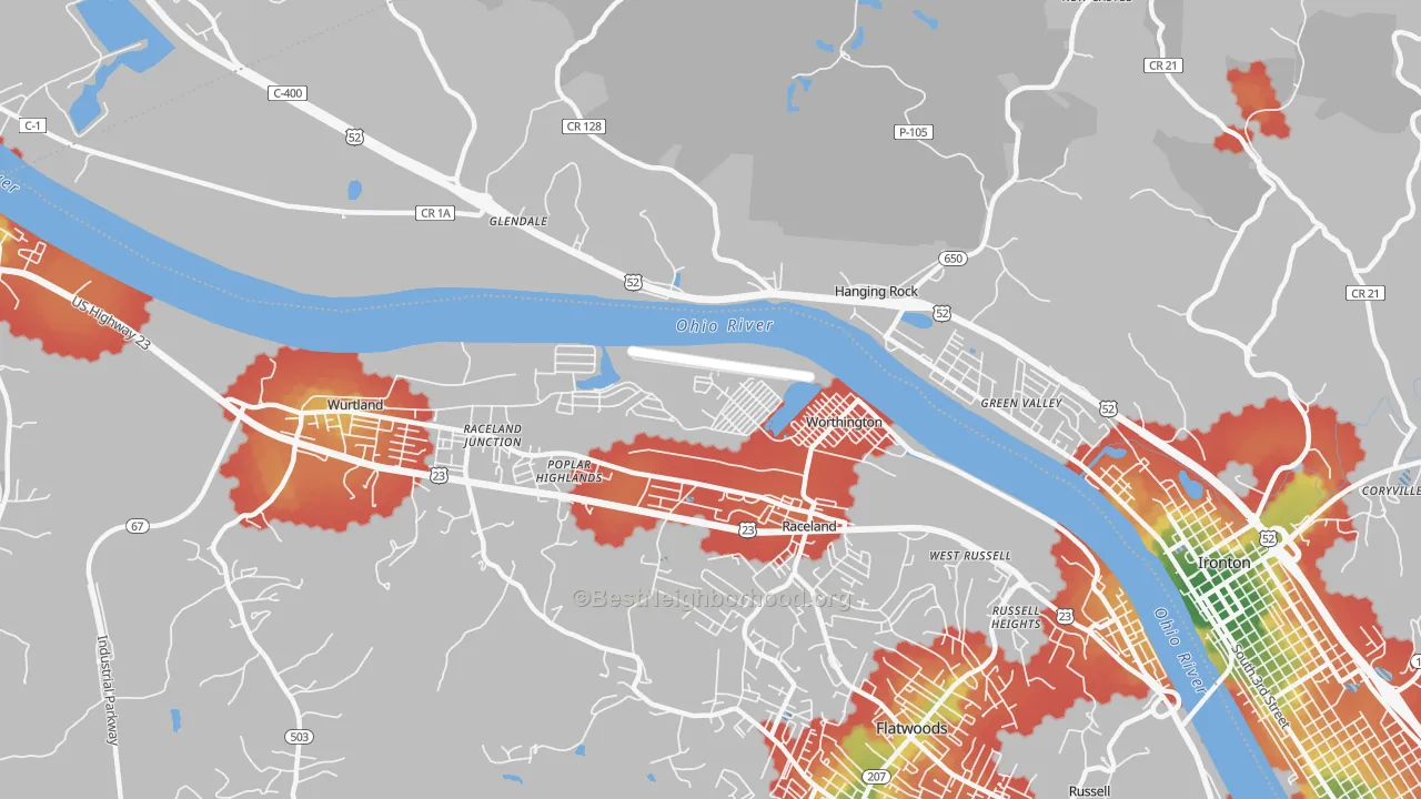 Walk Grade map of Worthington, KY, walkable areas in green and car-dependent areas in red
