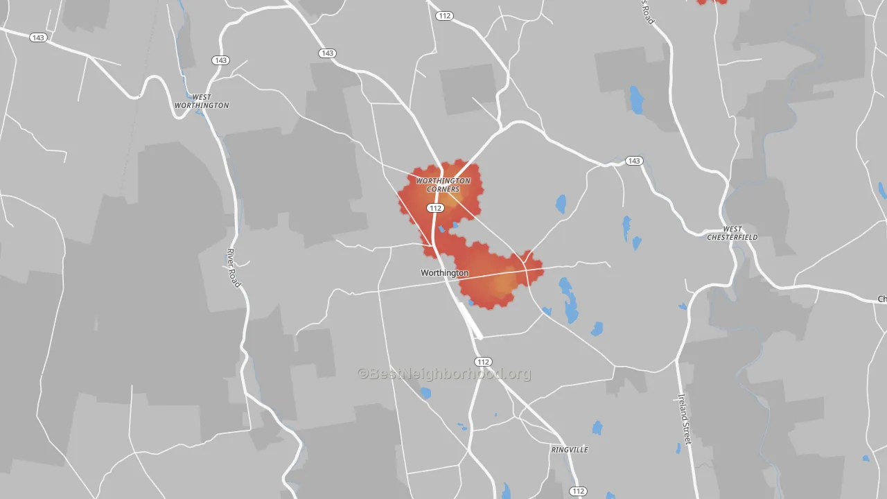 Walk Grade map of Worthington, MA, walkable areas in green and car-dependent areas in red