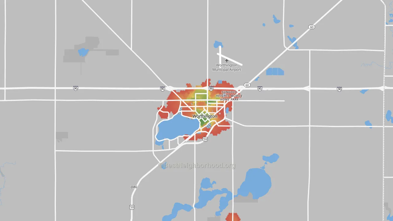 Walk Grade map of Worthington, MN, walkable areas in green and car-dependent areas in red