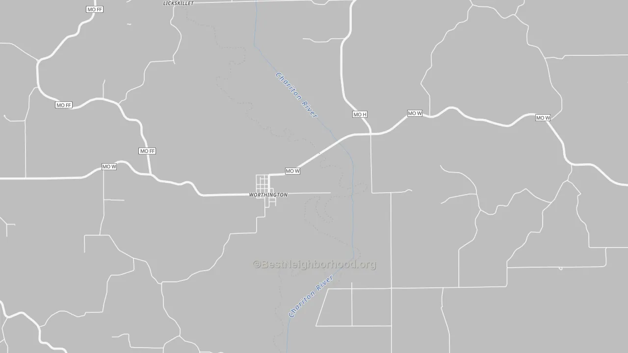 Walk Grade map of Worthington, MO, walkable areas in green and car-dependent areas in red