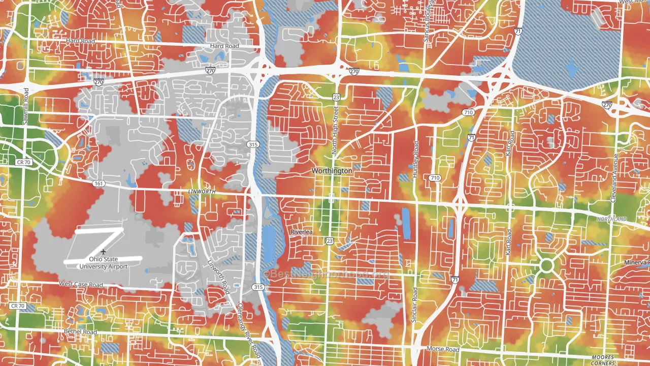 Walk Grade map of Worthington, OH, walkable areas in green and car-dependent areas in red