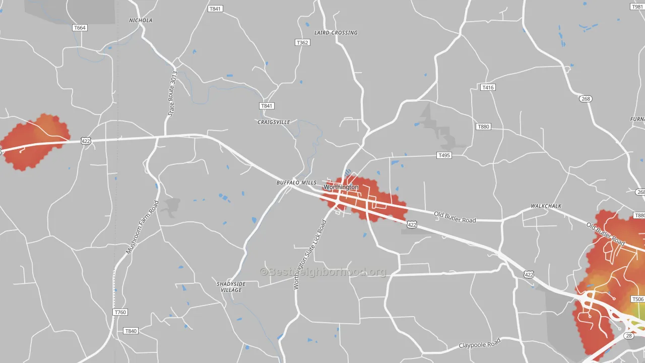 Walk Grade map of Worthington, PA, walkable areas in green and car-dependent areas in red