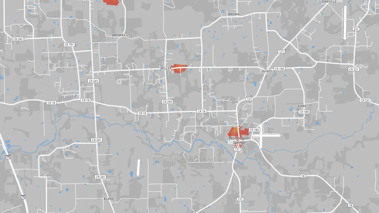 Walk Grade map of Worthington Springs, FL, walkable areas in green and car-dependent areas in red