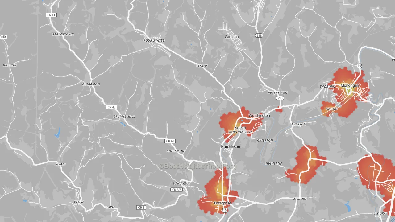 Walk Grade map of Worthington, WV, walkable areas in green and car-dependent areas in red