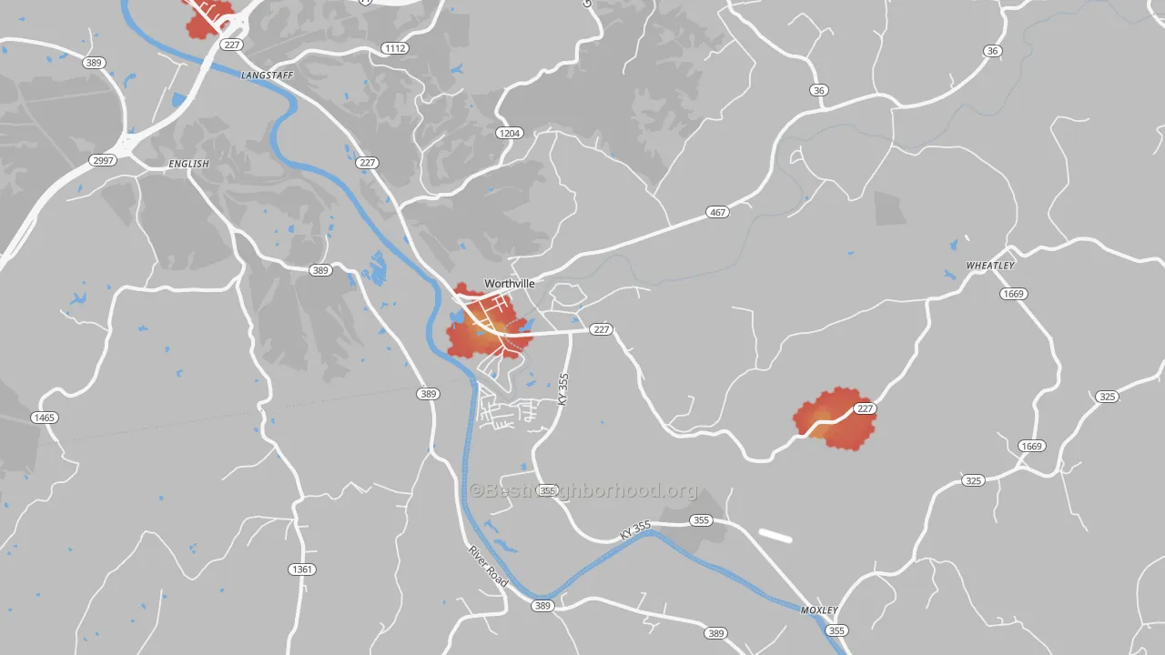 Walk Grade map of Worthville, KY, walkable areas in green and car-dependent areas in red