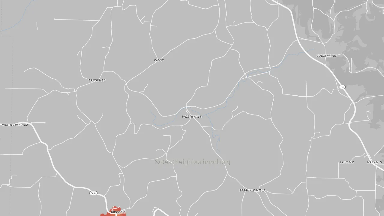 Walk Grade map of Worthville, PA, walkable areas in green and car-dependent areas in red