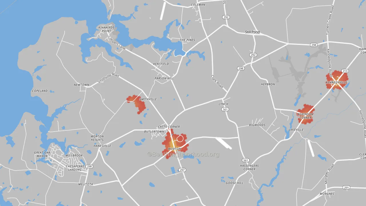 Walk Grade map of Worton, MD, walkable areas in green and car-dependent areas in red