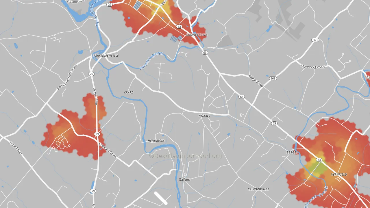 Walk Grade map of Woxhall, PA, walkable areas in green and car-dependent areas in red