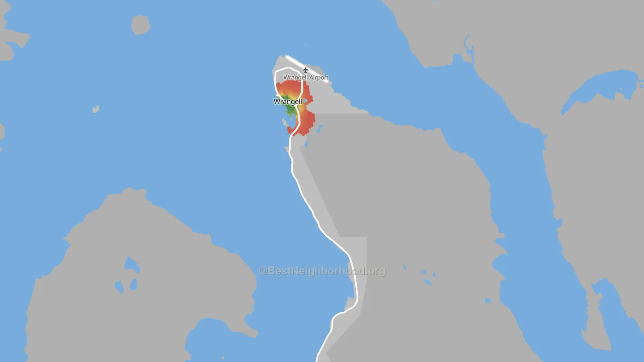 Walk Grade map of Wrangell, AK, walkable areas in green and car-dependent areas in red