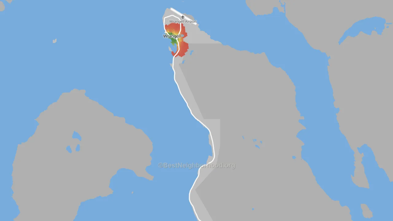 Walk Grade map of Wrangell City and Borough, AK, walkable areas in green and car-dependent areas in red