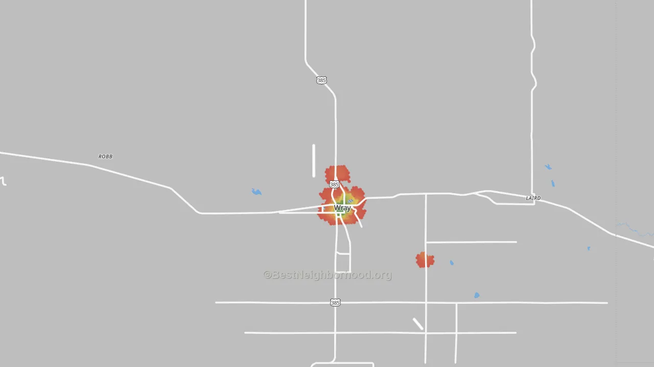 Walk Grade map of Wray, CO, walkable areas in green and car-dependent areas in red