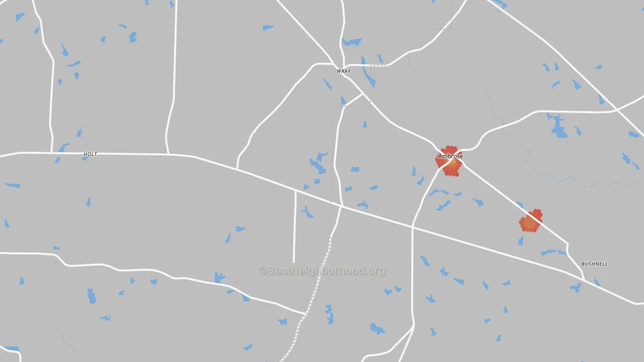 Walk Grade map of Wray, GA, walkable areas in green and car-dependent areas in red