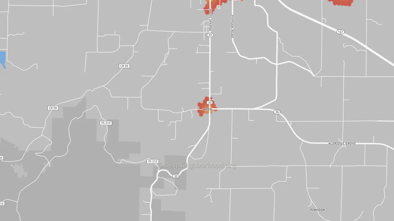 Walk Grade map of Wren, AL, walkable areas in green and car-dependent areas in red