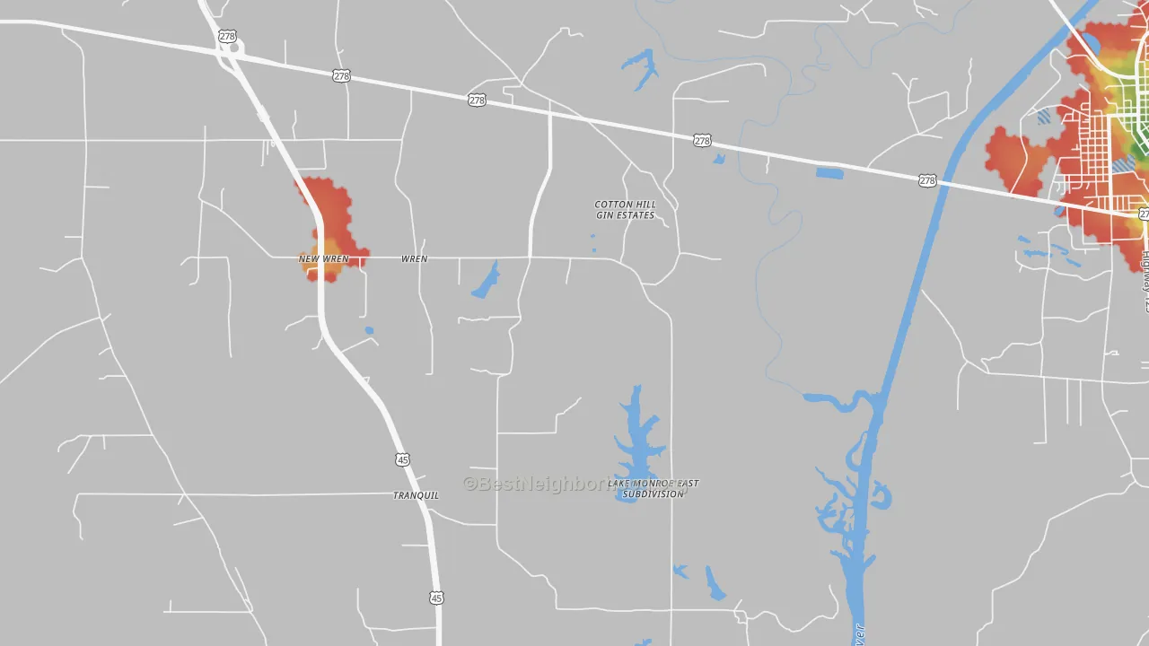 Walk Grade map of Wren, MS, walkable areas in green and car-dependent areas in red