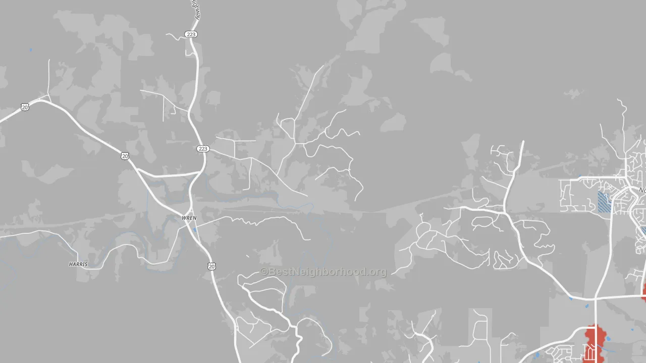 Walk Grade map of Wren, OR, walkable areas in green and car-dependent areas in red