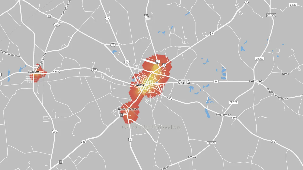 Walk Grade map of Wrens, GA, walkable areas in green and car-dependent areas in red