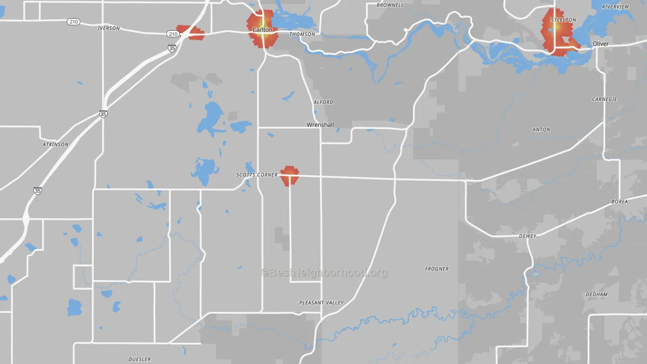 Walk Grade map of Wrenshall, MN, walkable areas in green and car-dependent areas in red