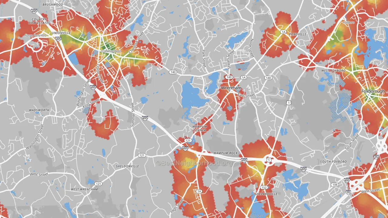 Walk Grade map of Wrentham, MA, walkable areas in green and car-dependent areas in red