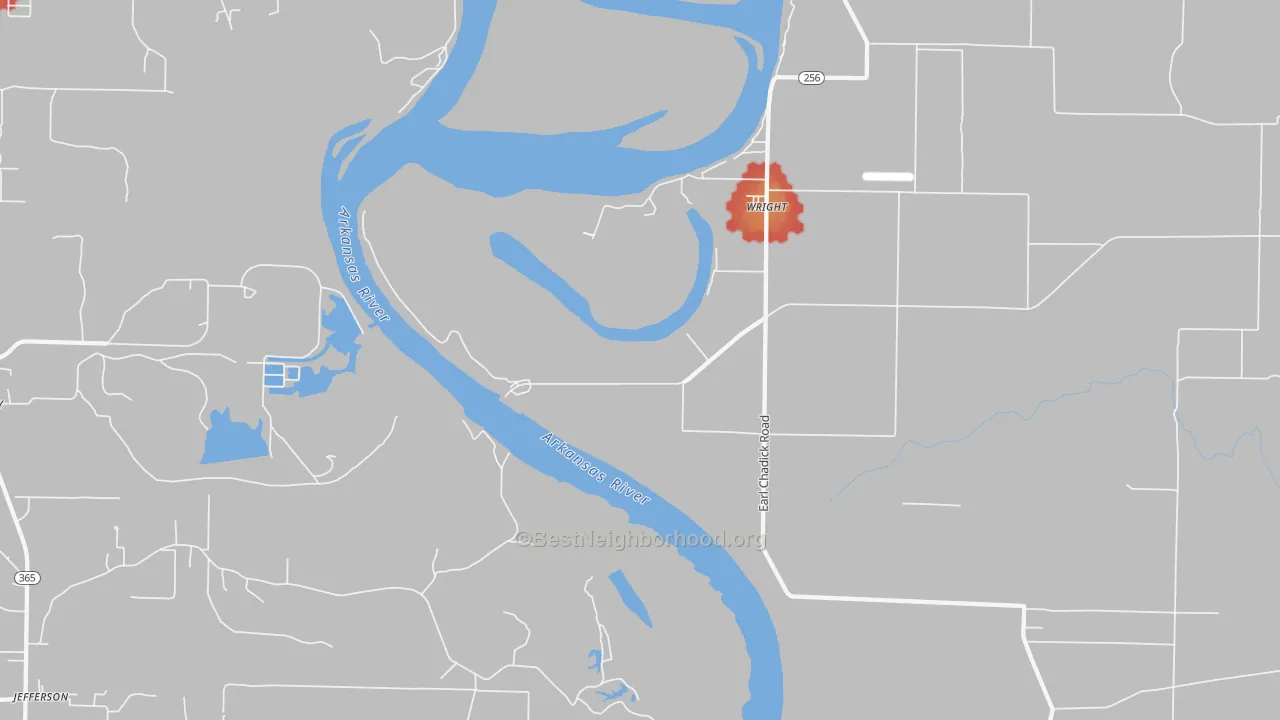 Walk Grade map of Wright, AR, walkable areas in green and car-dependent areas in red