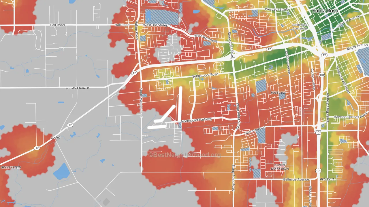 Walk Grade map of Wright Area, Santa Rosa, CA, walkable areas in green and car-dependent areas in red