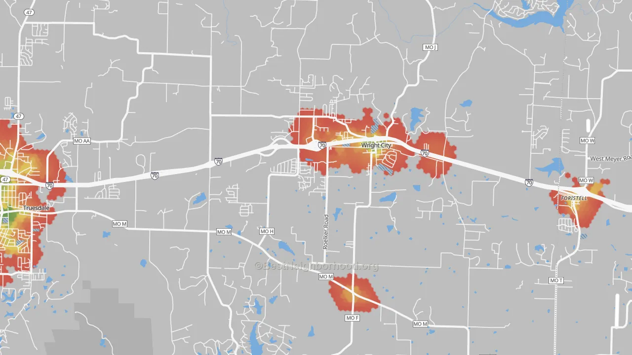 Walk Grade map of Wright City, MO, walkable areas in green and car-dependent areas in red