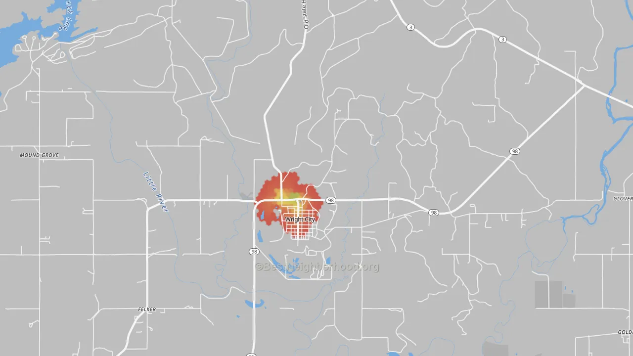 Walk Grade map of Wright City, OK, walkable areas in green and car-dependent areas in red