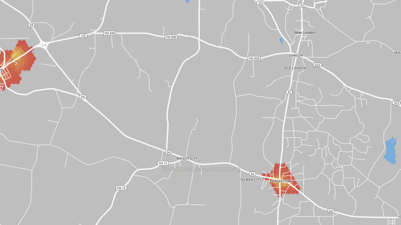 Walk Grade map of Wright City, TX, walkable areas in green and car-dependent areas in red
