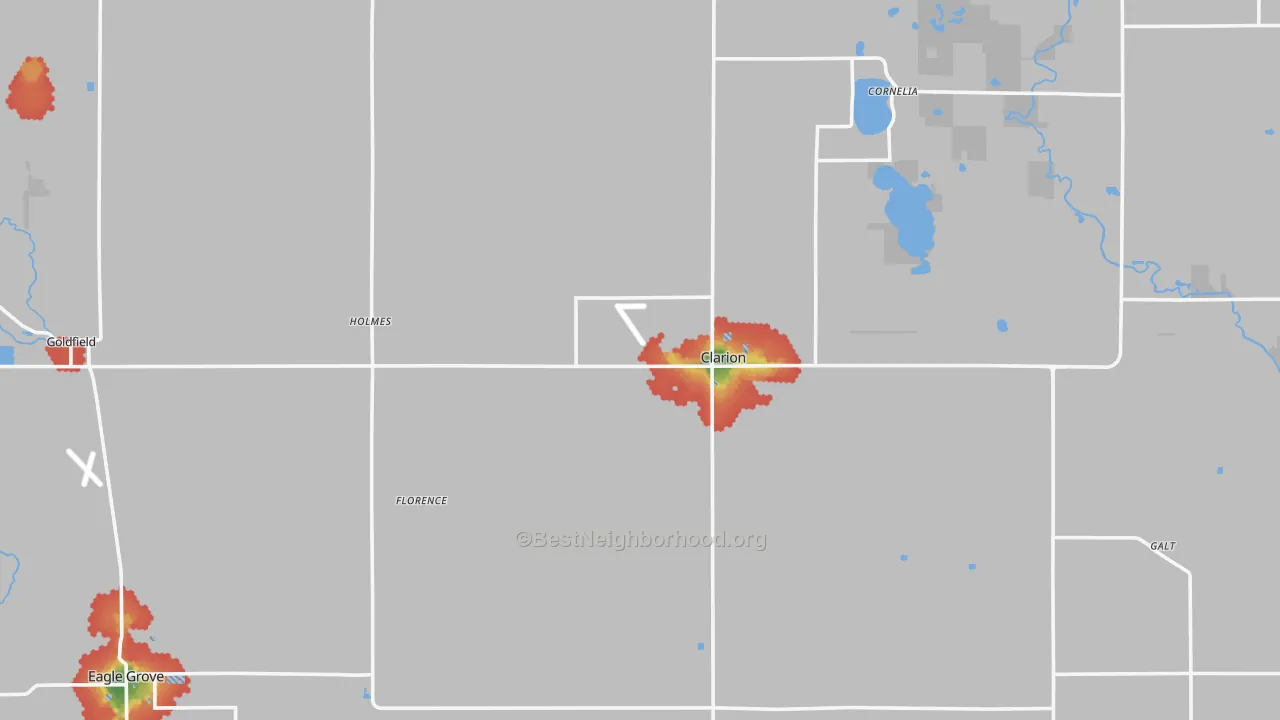 Walk Grade map of Wright County, IA, walkable areas in green and car-dependent areas in red