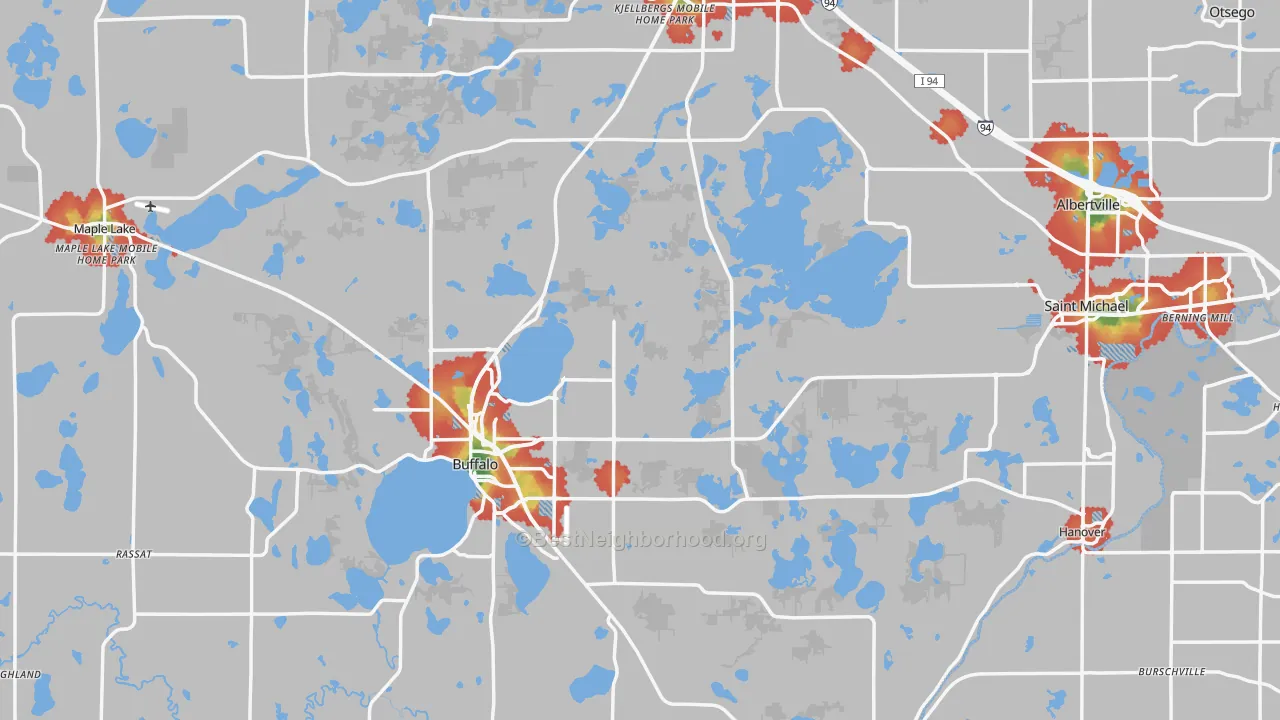 Walk Grade map of Wright County, MN, walkable areas in green and car-dependent areas in red