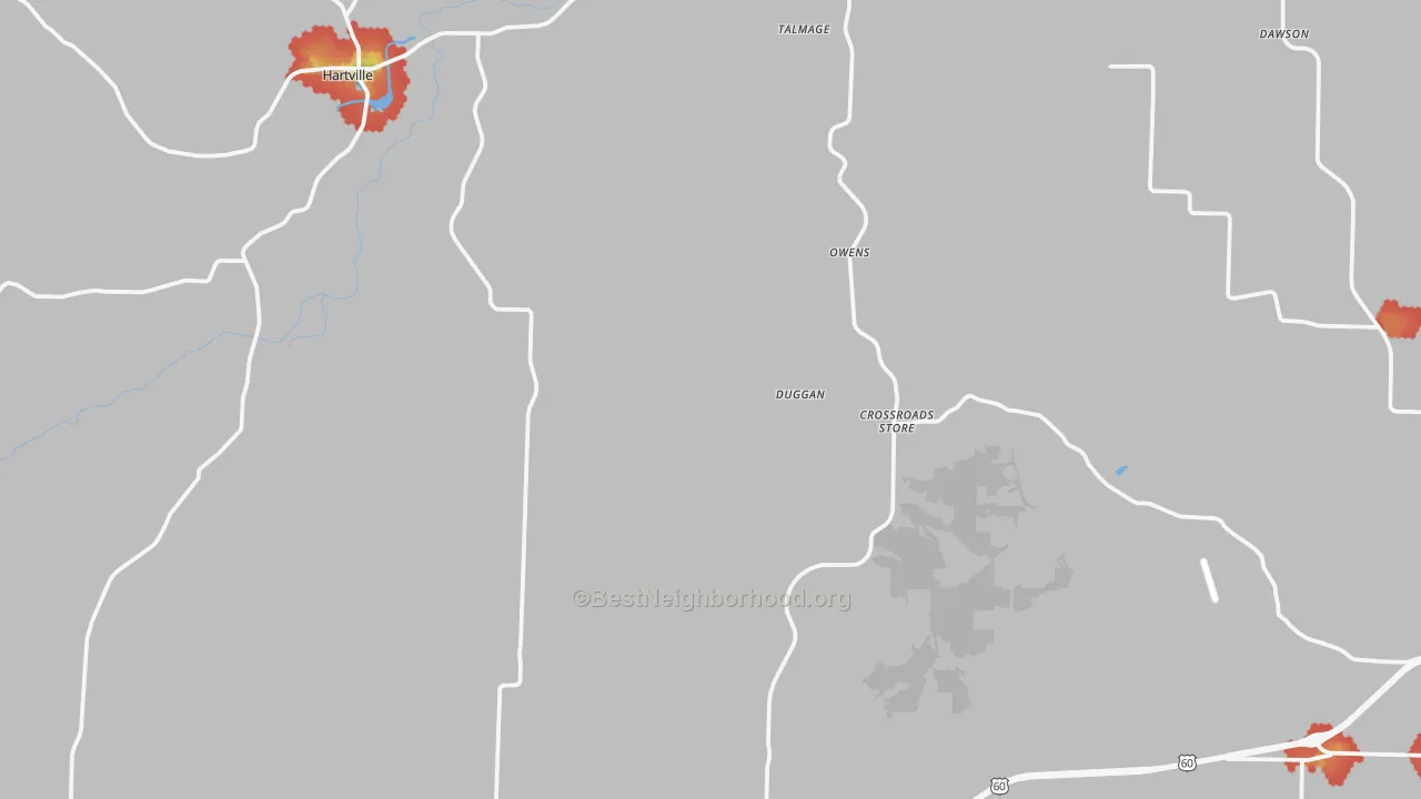 Walk Grade map of Wright County, MO, walkable areas in green and car-dependent areas in red
