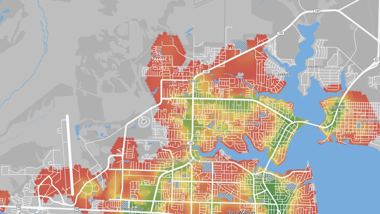 Walk Grade map of Wright, FL, walkable areas in green and car-dependent areas in red