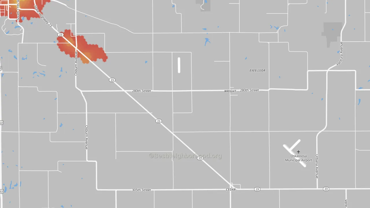 Walk Grade map of Wright, IA, walkable areas in green and car-dependent areas in red