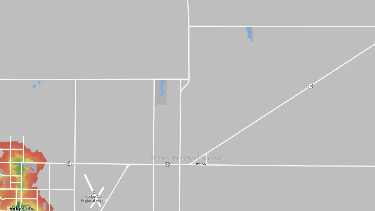Walk Grade map of Wright, KS, walkable areas in green and car-dependent areas in red